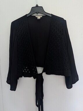 Festi Black Crochet Tie Front Kimono Top Cropped Wide Sleeve Boho Chic Plus - 3X